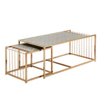 Ensemble de tables basses gigognes or champagne, plateau miroir texturé, style glamour pour salon