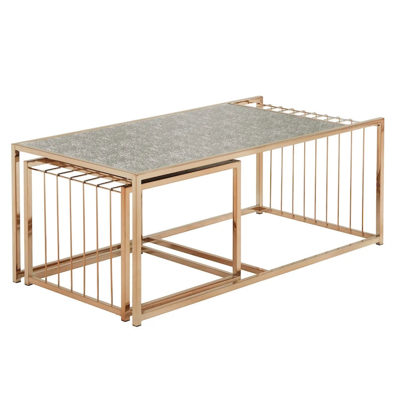 Ensemble de tables basses gigognes or champagne, plateau miroir texturé, style glamour pour salon