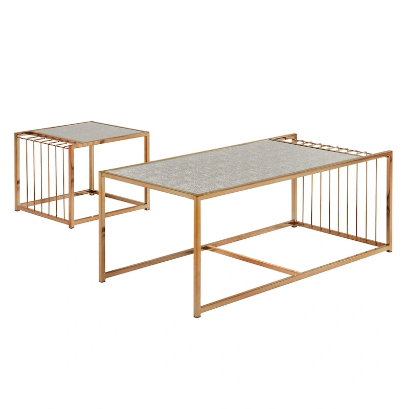 Ensemble de tables basses gigognes or champagne, plateau miroir texturé, style glamour pour salon