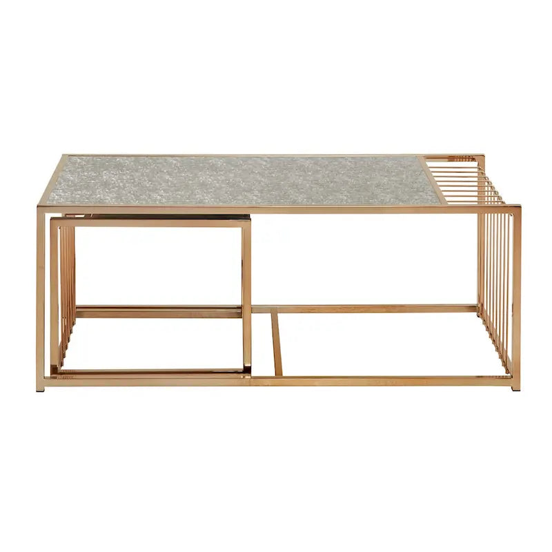 Ensemble de tables basses gigognes or champagne, plateau miroir texturé, style glamour pour salon