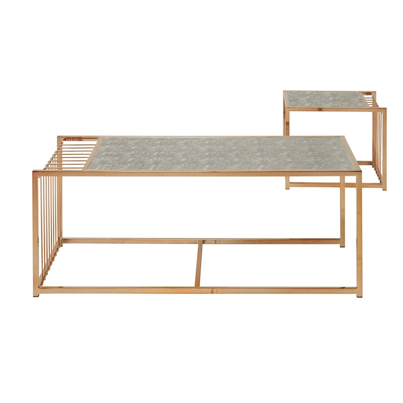 Ensemble de tables basses gigognes or champagne, plateau miroir texturé, style glamour pour salon