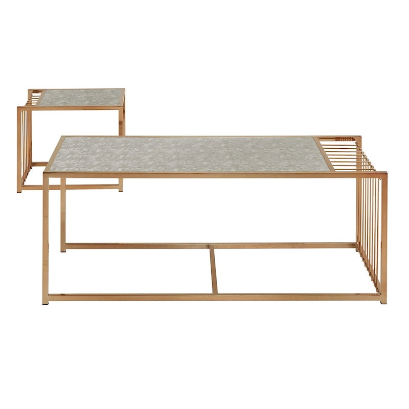 Ensemble de tables basses gigognes or champagne, plateau miroir texturé, style glamour pour salon