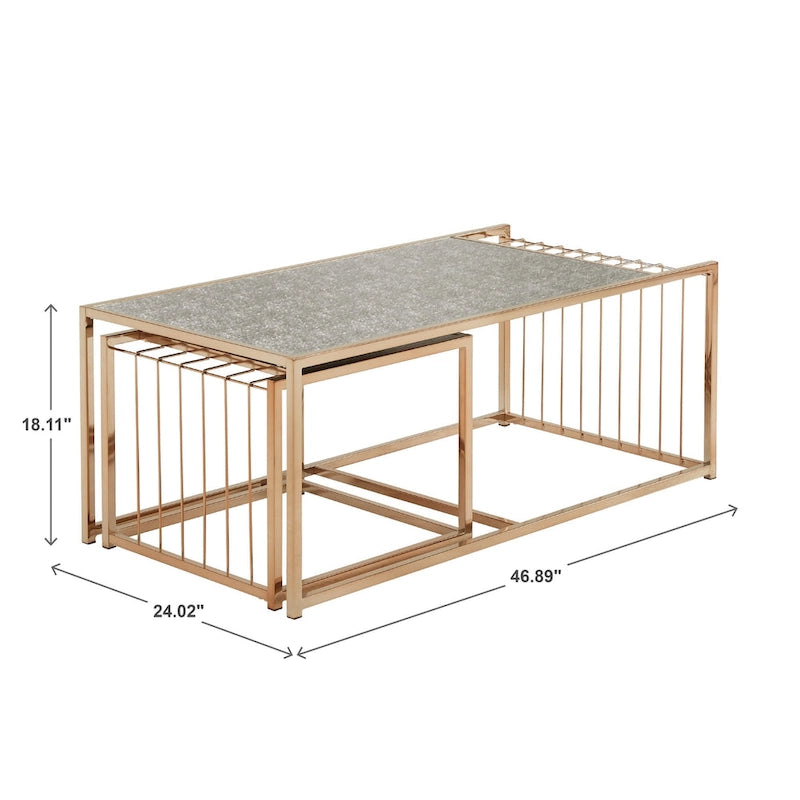 Ensemble de tables basses gigognes or champagne, plateau miroir texturé, style glamour pour salon