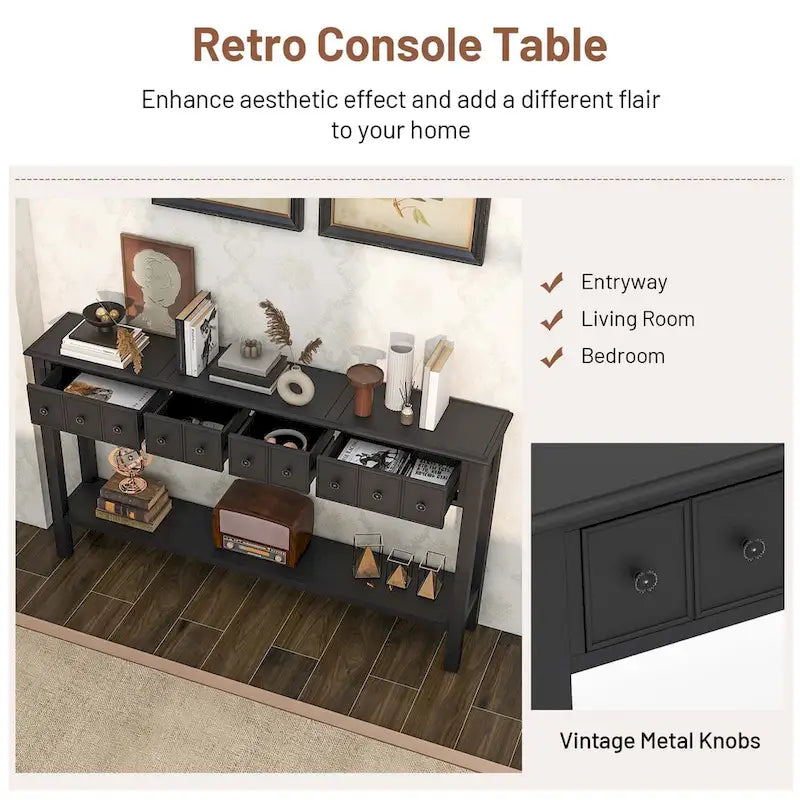 Console Rétro 60 Pouces avec 4 Tiroirs, Table d'Entrée, Style Vintage