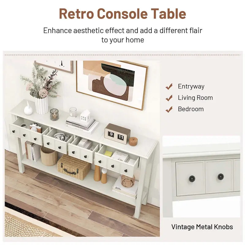 Console Rétro 60 Pouces avec 4 Tiroirs, Table d'Entrée, Style Vintage