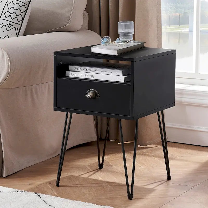 Tables de chevet modernes avec tiroir et pieds épingles, marron/bleu/noir/jaune, quatre options