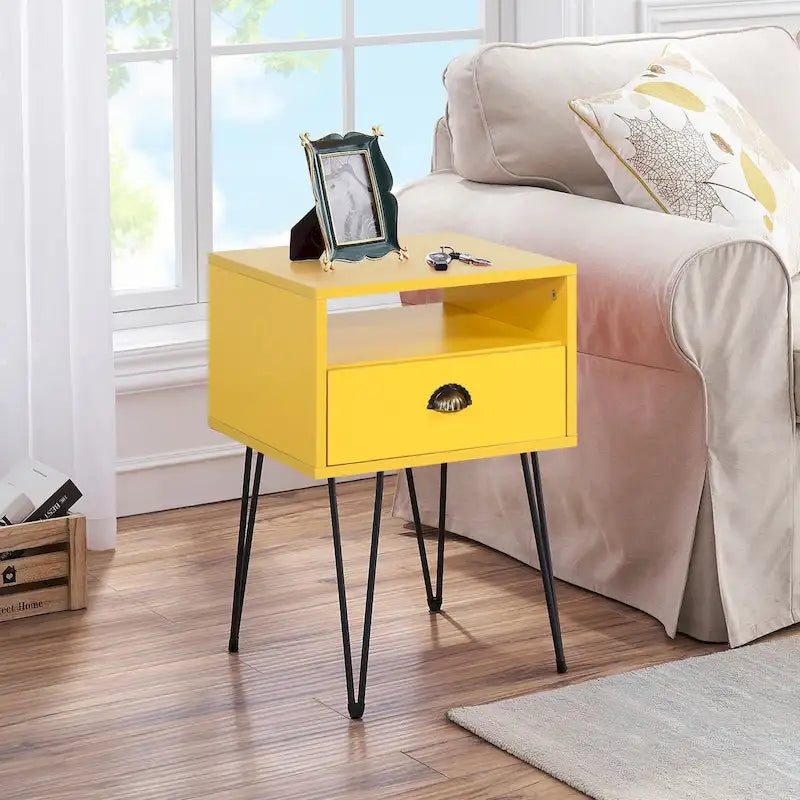 Tables de chevet modernes avec tiroir et pieds épingles, marron/bleu/noir/jaune, quatre options