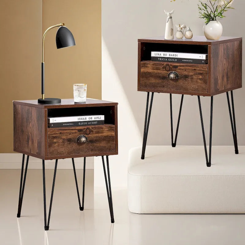 Tables de chevet modernes avec tiroir et pieds épingles, marron/bleu/noir/jaune, quatre options