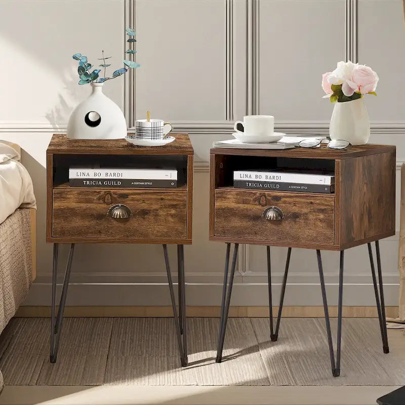 Tables de chevet modernes avec tiroir et pieds épingles, marron/bleu/noir/jaune, quatre options