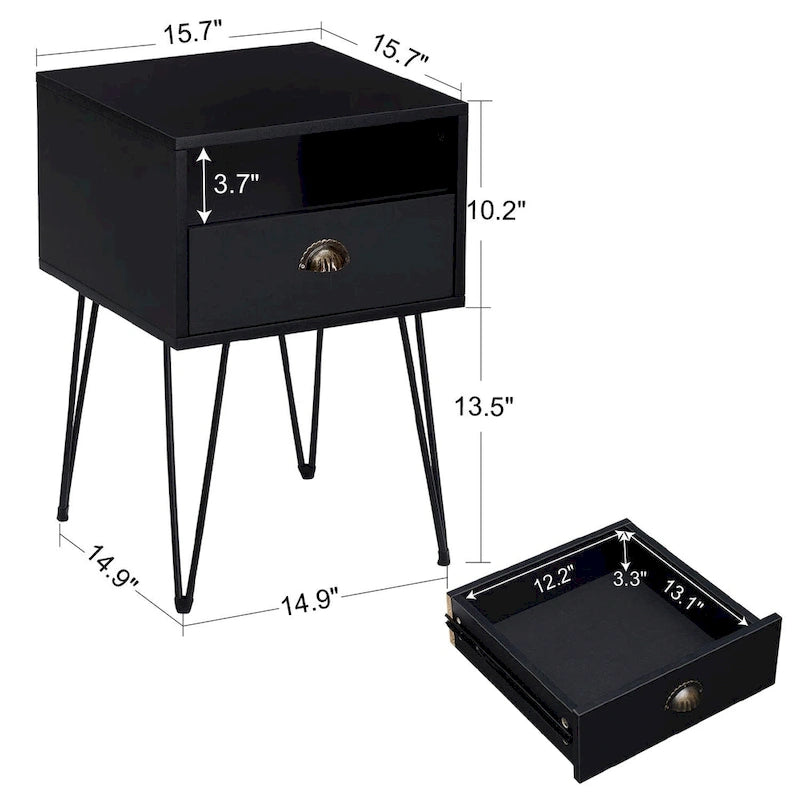 Tables de chevet modernes avec tiroir et pieds épingles, marron/bleu/noir/jaune, quatre options