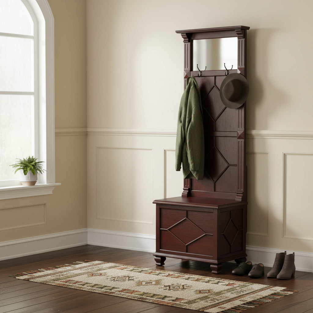 Molded Wooden Frame Hall Tree with Lift Top Box and Mirror Insert, Brown