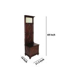 Meuble d'entrée en bois moulé avec coffre à couvercle relevable et miroir, marron
