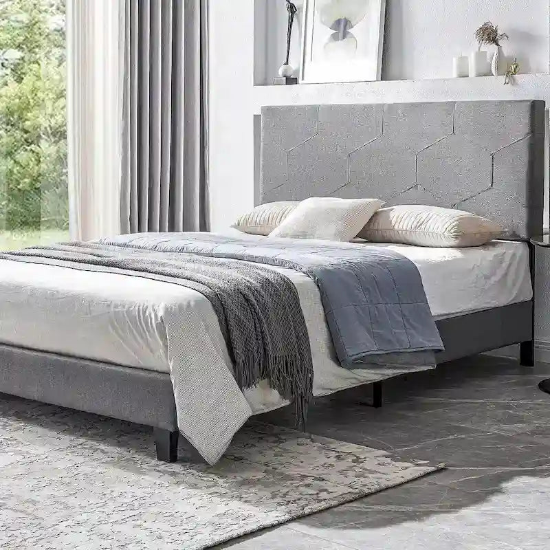 Lit plateforme tapissé Queen Size avec support à lattes en bois pour chambre à coucher