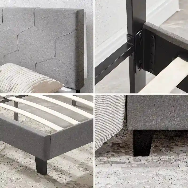 Lit plateforme tapissé Queen Size avec support à lattes en bois pour chambre à coucher