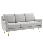 Canapé 3 places moderne en tissu gris avec pieds en métal doré pour salon