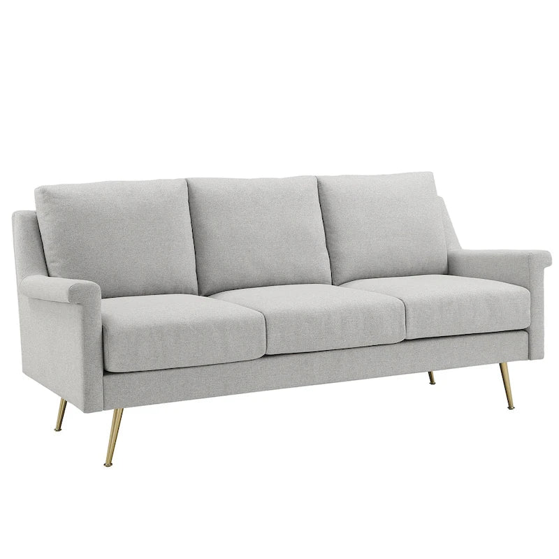 Canapé 3 places moderne en tissu gris avec pieds en métal doré pour salon