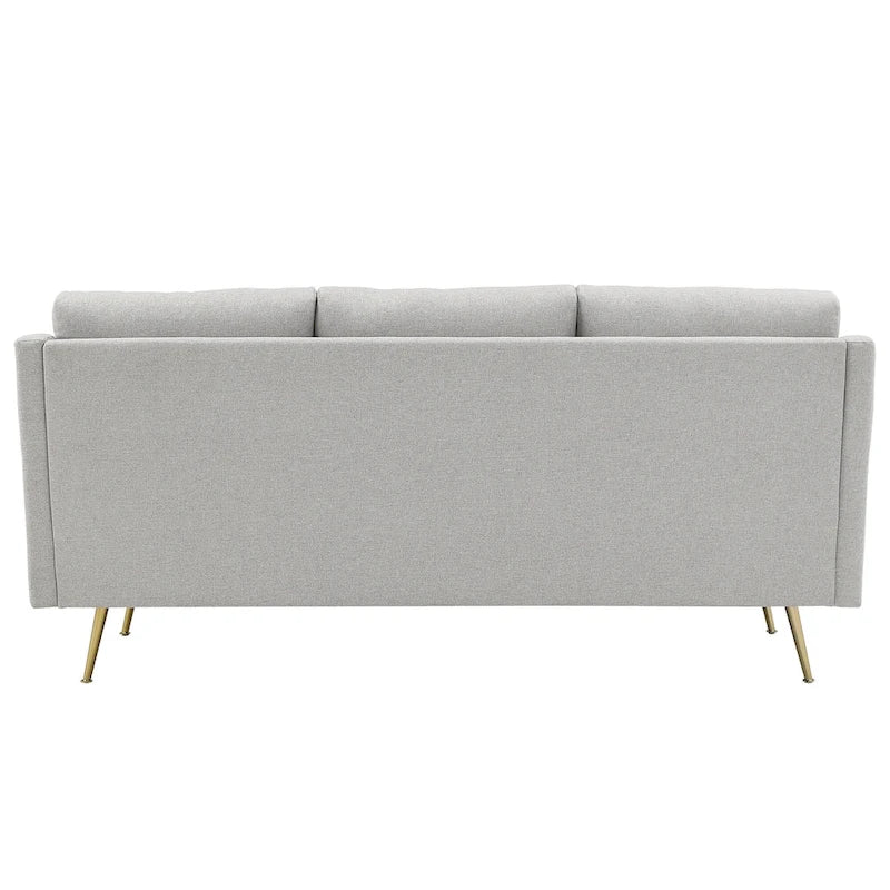 Canapé 3 places moderne en tissu gris avec pieds en métal doré pour salon