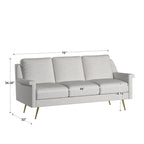 Canapé 3 places moderne en tissu gris avec pieds en métal doré pour salon
