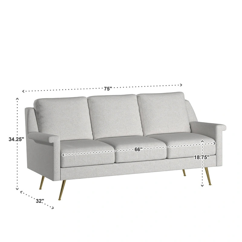 Canapé 3 places moderne en tissu gris avec pieds en métal doré pour salon