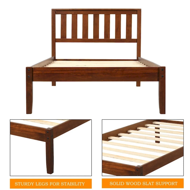 Lit plateforme en bois avec tête de lit/support à lattes en bois. Jumeau (Noyer)