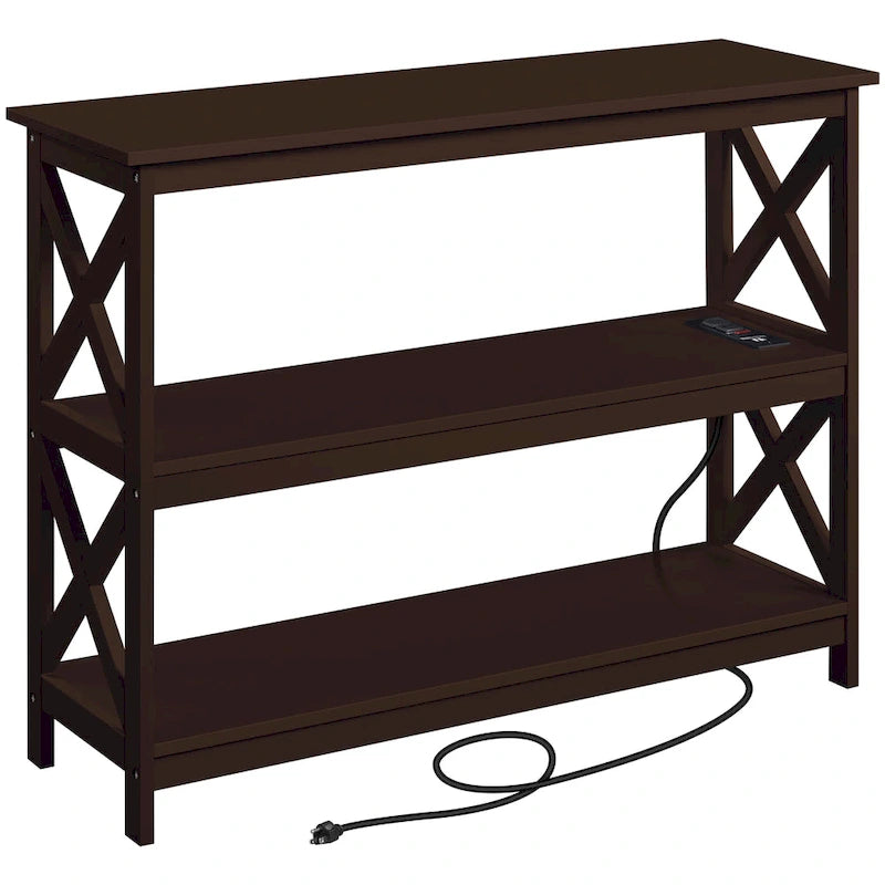 Table console à 3 niveaux en bois avec prise de courant, table d'appoint de canapé pour salon et entrée