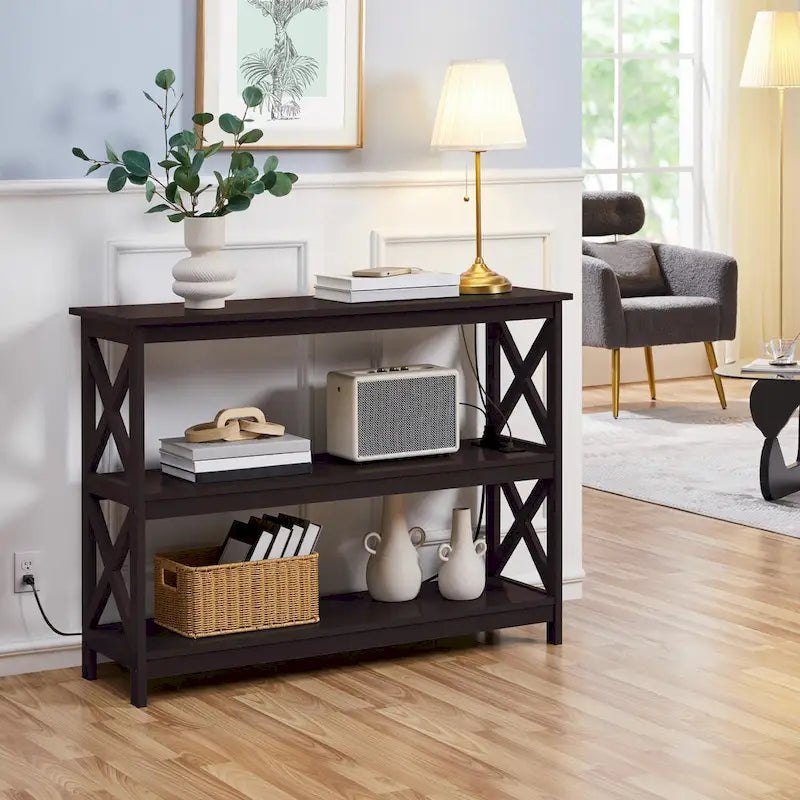 Table console à 3 niveaux en bois avec prise de courant, table d'appoint de canapé pour salon et entrée