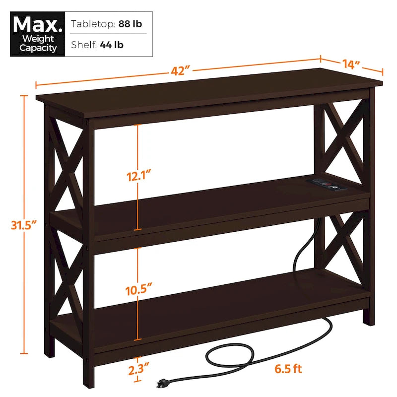 Table console à 3 niveaux en bois avec prise de courant, table d'appoint de canapé pour salon et entrée