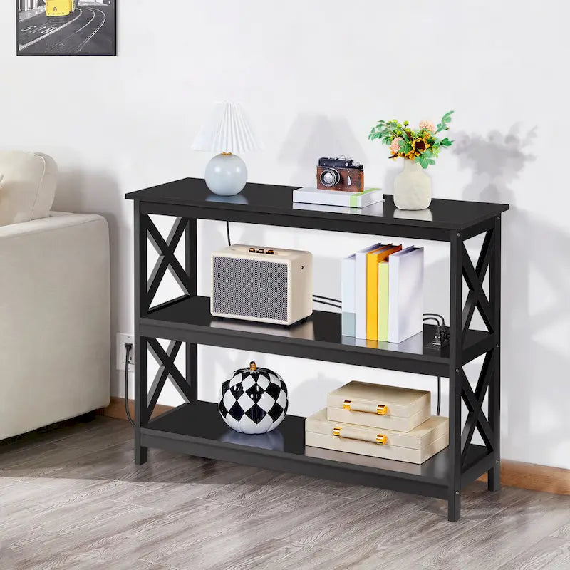 Table console à 3 niveaux en bois avec prise de courant, table d'appoint de canapé pour salon et entrée