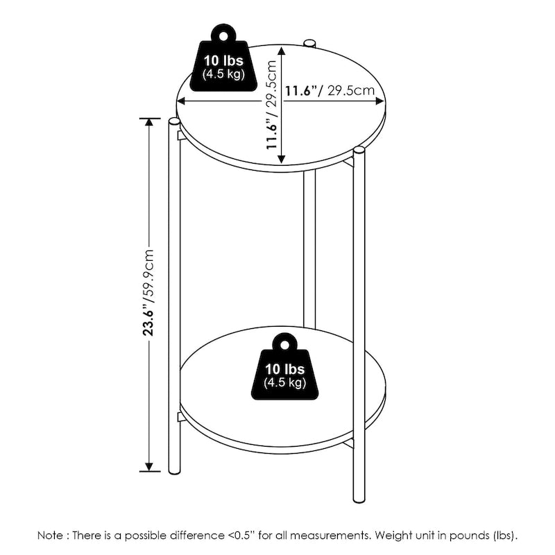 Table d'appoint ronde moderne à 2 niveaux avec pieds en métal robustes, finition Americano