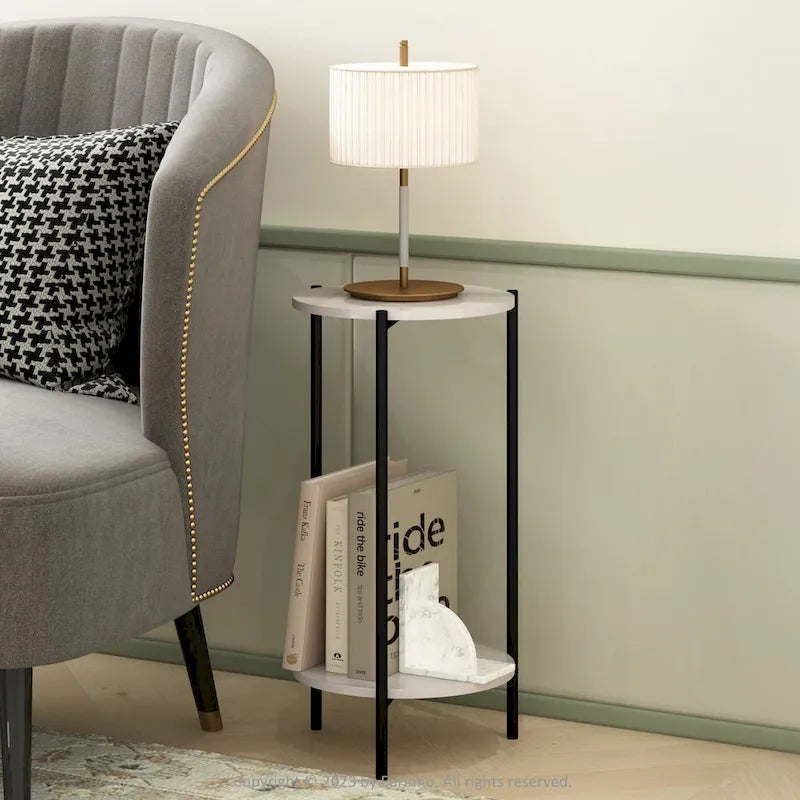 Table d'appoint ronde moderne à 2 niveaux avec pieds en métal robustes, finition Americano