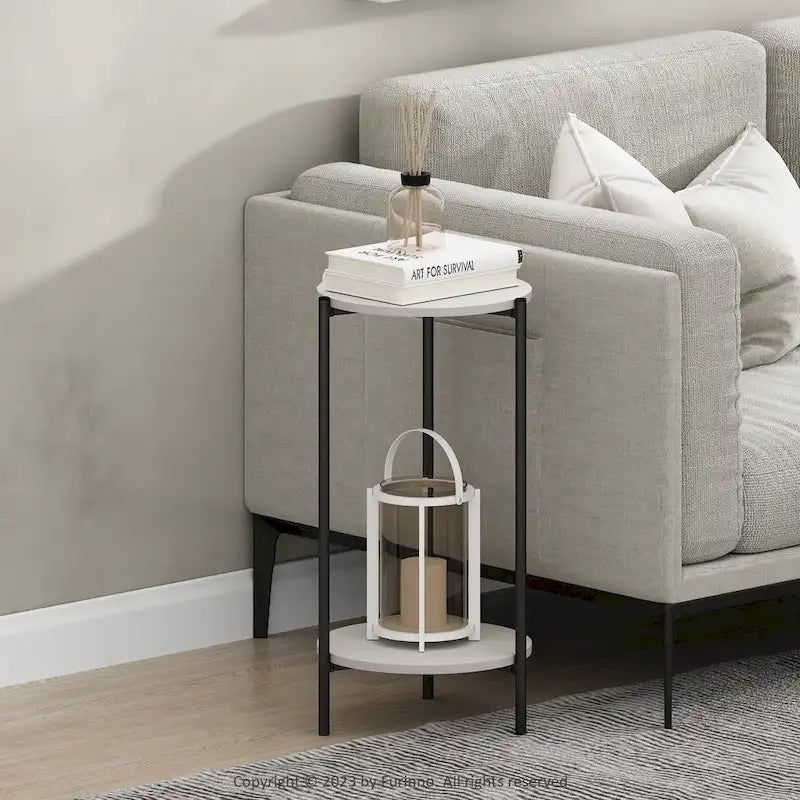 Table d'appoint ronde moderne à 2 niveaux avec pieds en métal robustes, finition Americano