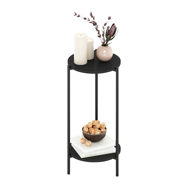Table d'appoint ronde moderne à 2 niveaux avec pieds en métal robustes, finition Americano