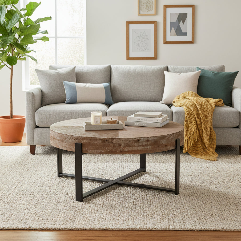 31.29Table Basse Ronde Moderne Rétro avec Plateau en Bois de Sapin et Piètement en Métal à Pieds Croisés