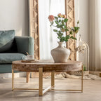 31.29Table Basse Ronde Moderne Rétro avec Plateau en Bois de Sapin et Piètement en Métal à Pieds Croisés