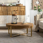31.29Table Basse Ronde Moderne Rétro avec Plateau en Bois de Sapin et Piètement en Métal à Pieds Croisés