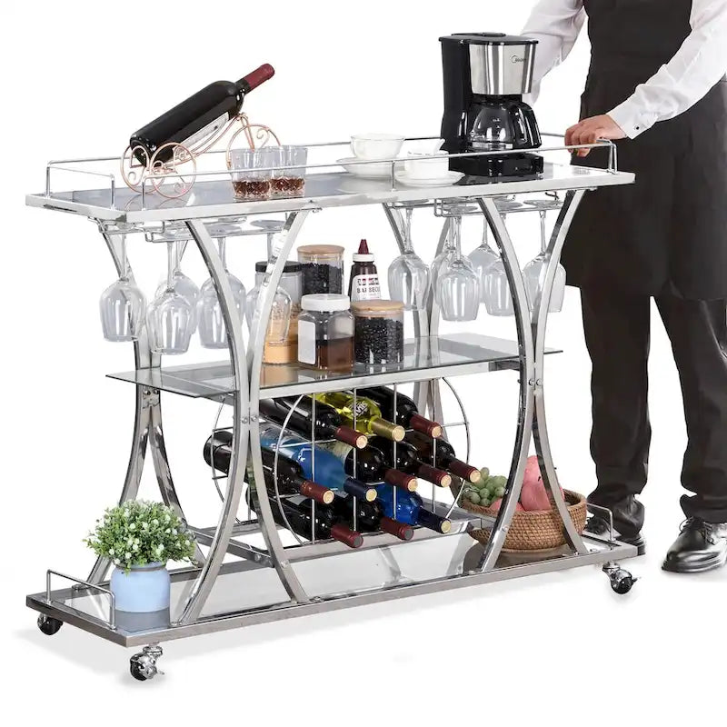 Chariot de bar en métal à 3 niveaux avec étagères en verre trempé, desserte roulante pour cuisine et salon