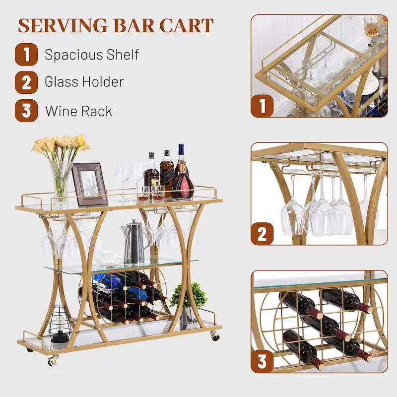 Chariot de bar en métal à 3 niveaux avec étagères en verre trempé, desserte roulante pour cuisine et salon