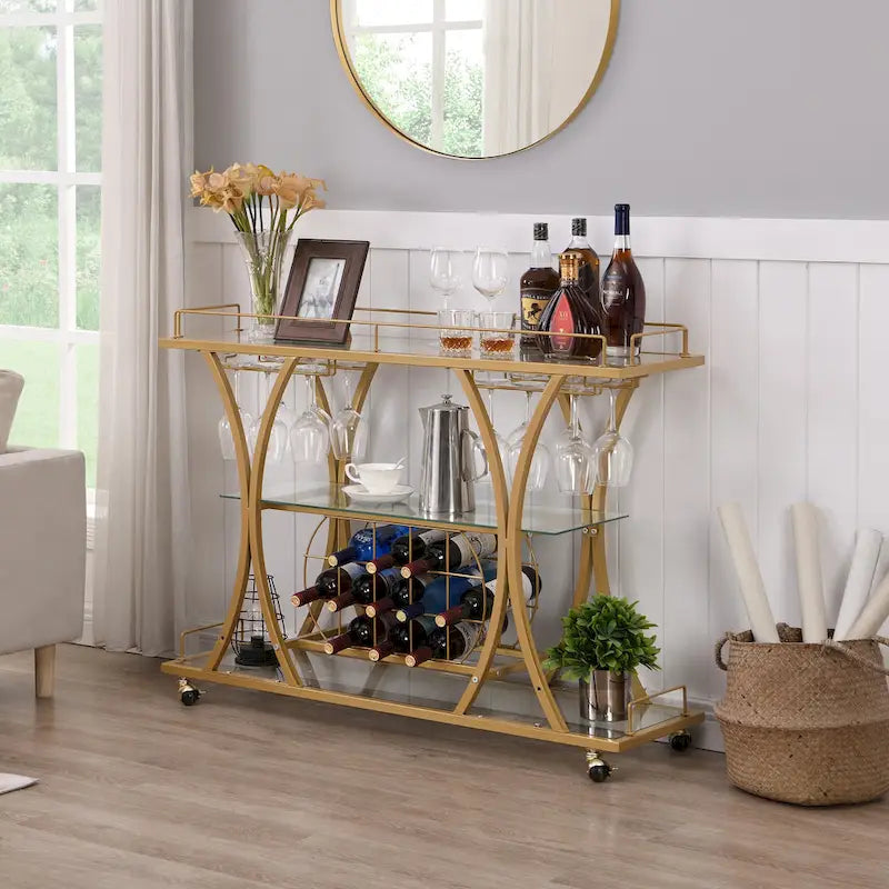 Chariot de bar en métal à 3 niveaux avec étagères en verre trempé, desserte roulante pour cuisine et salon