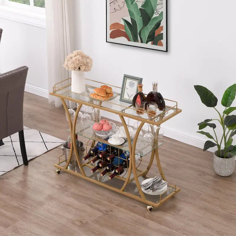 Chariot de bar en métal à 3 niveaux avec étagères en verre trempé, desserte roulante pour cuisine et salon