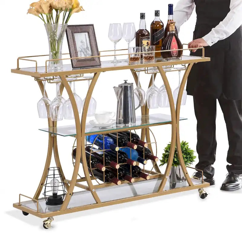 Chariot de bar en métal à 3 niveaux avec étagères en verre trempé, desserte roulante pour cuisine et salon