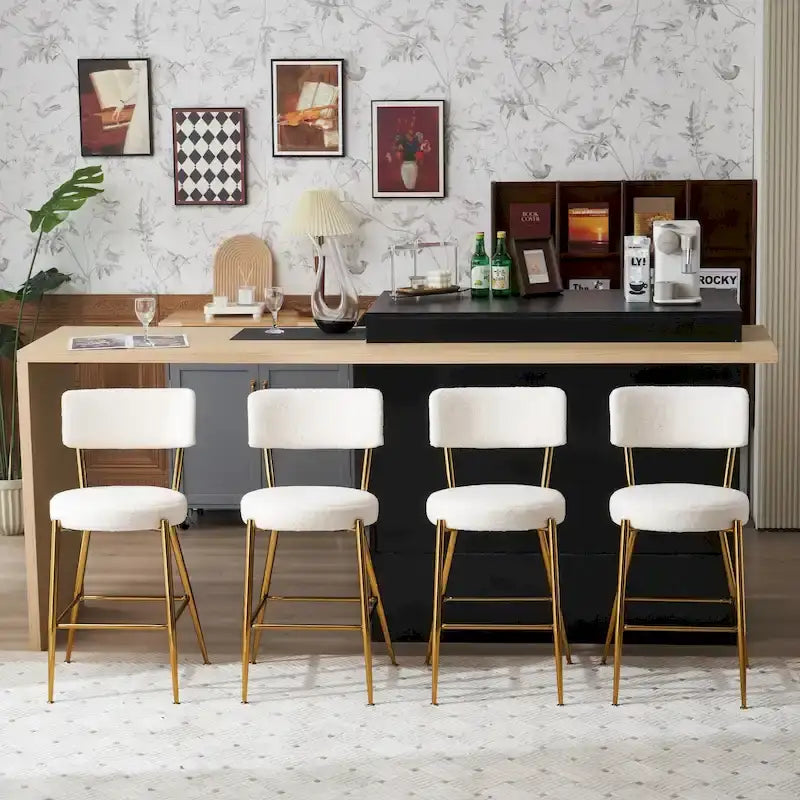 Lot de 2/Lot de 4 Tabourets de Bar Modernes Rembourrés en Tissu Teddy avec Piètement Métallique