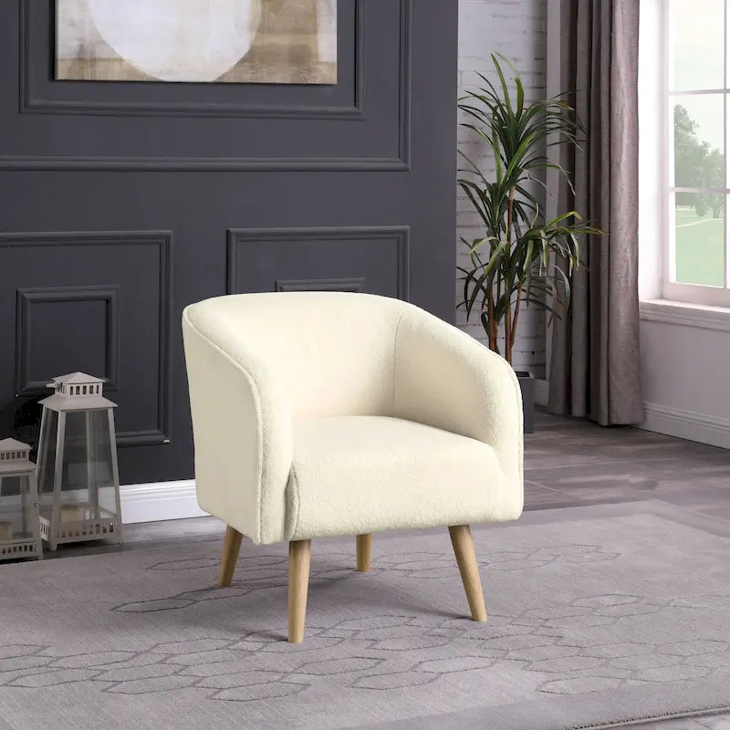 Fauteuil d'appoint Sherpa avec pieds en bois, crème, revêtement moelleux, fauteuil de salon moderne