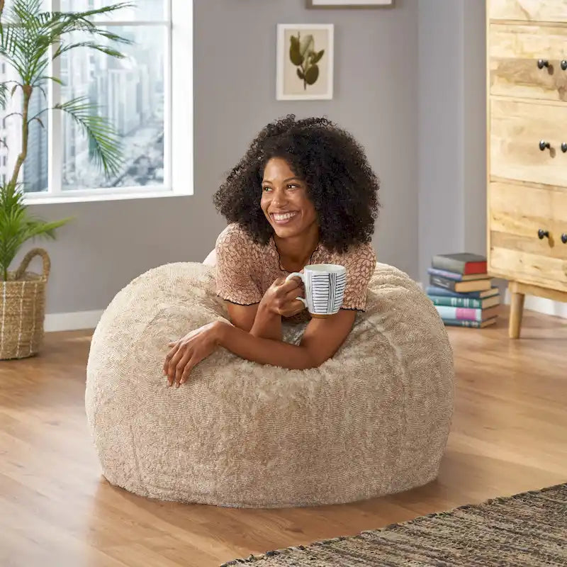 Pouf géant en fausse fourrure Modern Glam, style hiver, siège de salon surdimensionné pour le salon