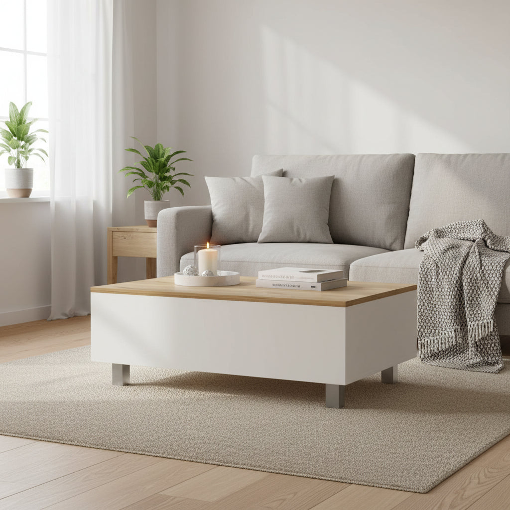 Table basse relevable avec rangement dissimulé et 4 pieds, table de salon moderne