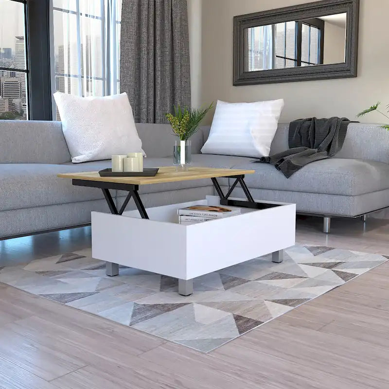 Table basse relevable avec rangement dissimulé et 4 pieds, table de salon moderne