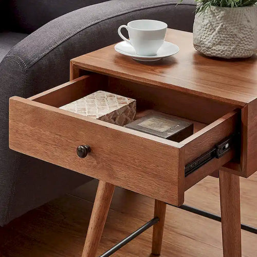 Table d'appoint en bois à 1 tiroir avec étagère ouverte, Table de chevet moderne pour salon et chambre à coucher