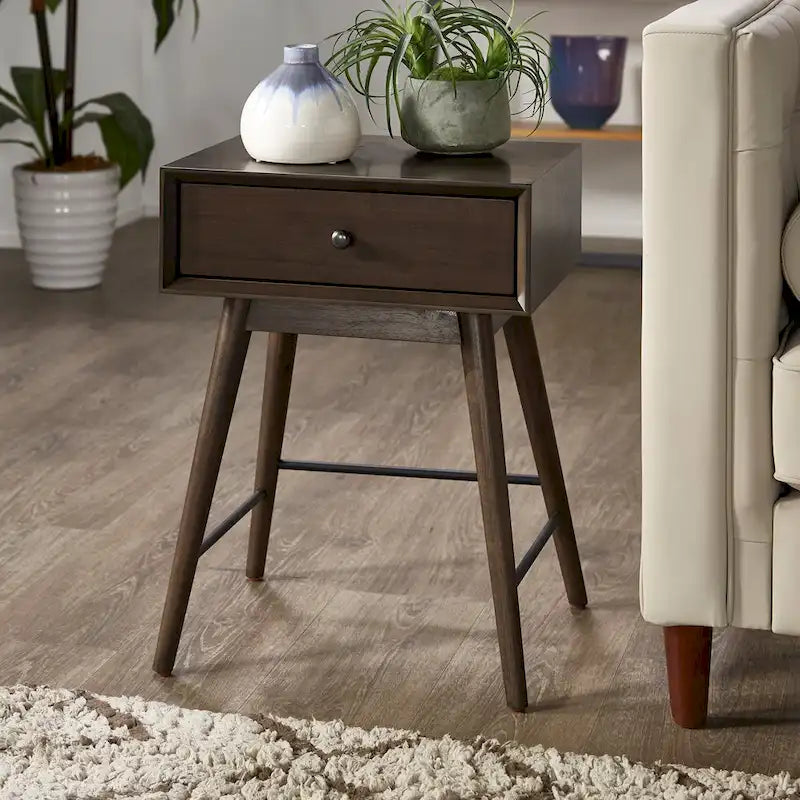 Table d'appoint en bois à 1 tiroir avec étagère ouverte, Table de chevet moderne pour salon et chambre à coucher