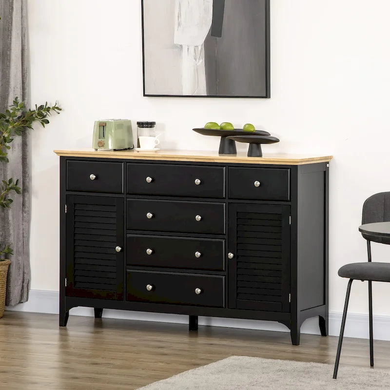 Buffet bahut moderne blanc avec tiroirs, plateau en bois d'hévéa, étagères réglables