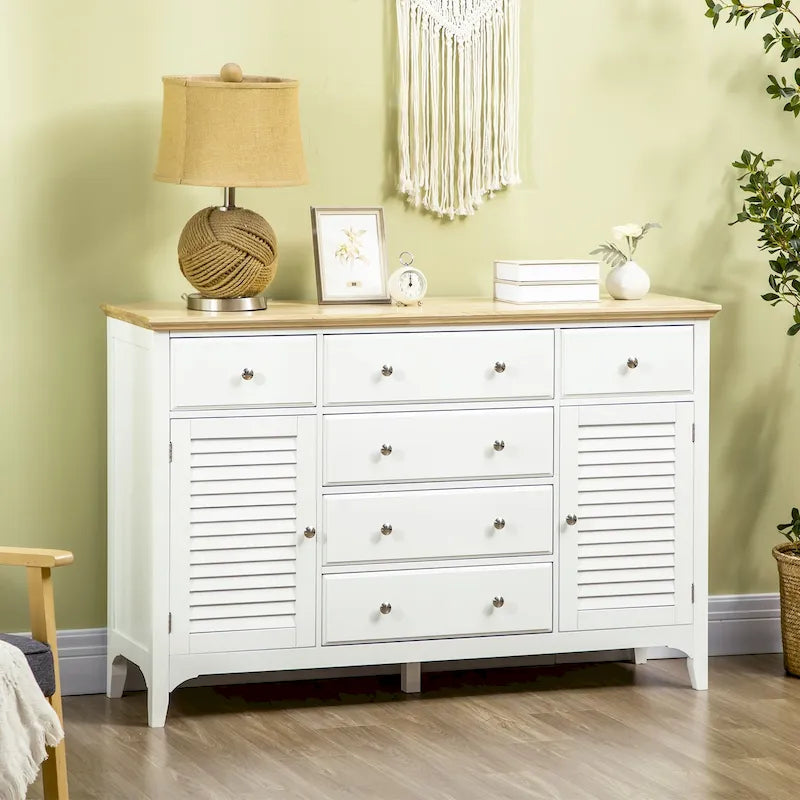 Buffet bahut moderne blanc avec tiroirs, plateau en bois d'hévéa, étagères réglables
