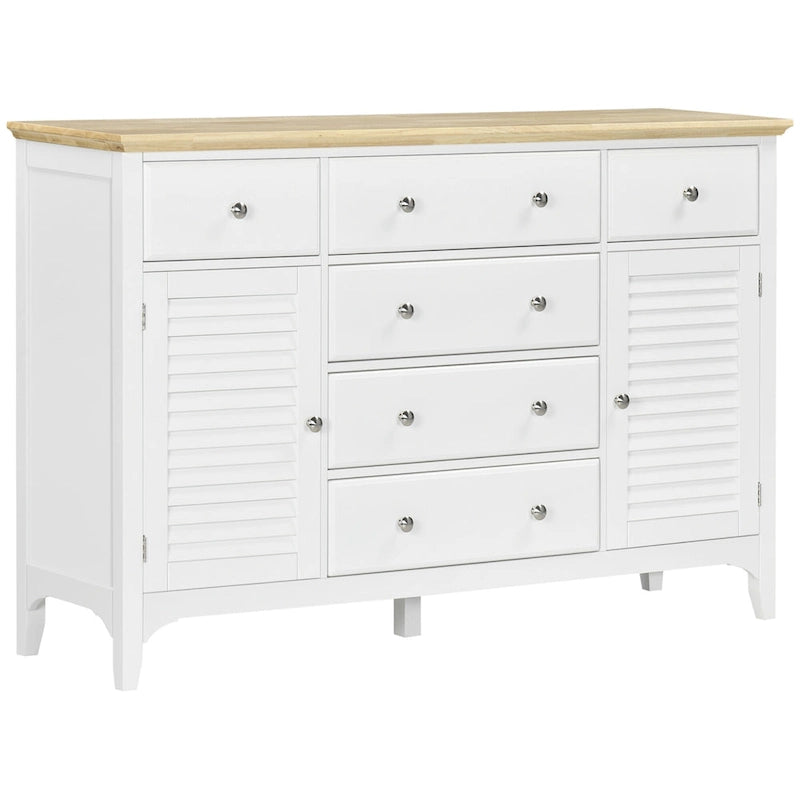 Buffet bahut moderne blanc avec tiroirs, plateau en bois d'hévéa, étagères réglables
